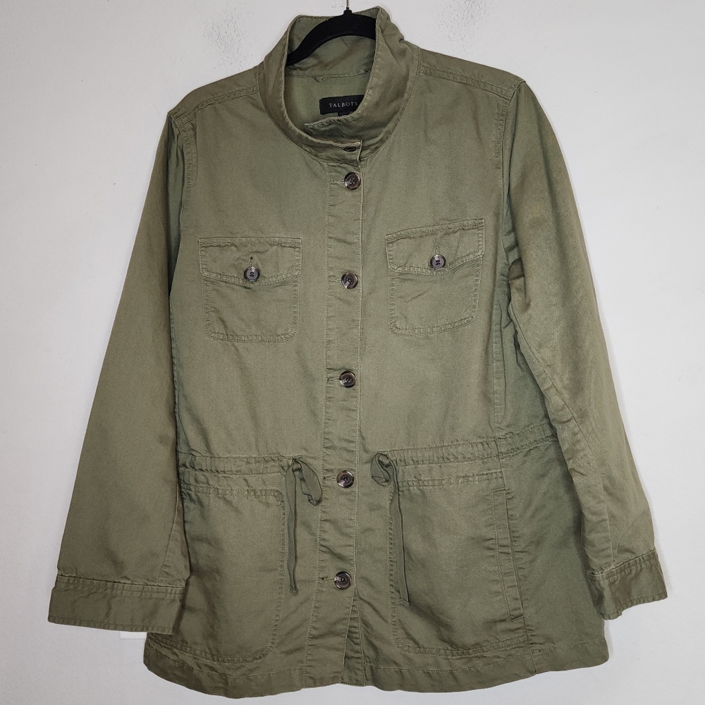 Talbots Green Classic Field Utility Jacket Linen Blend Button Front Size XL